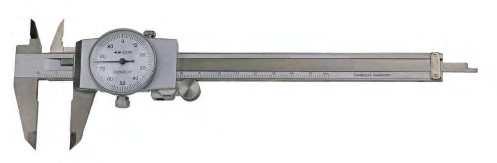 Uhrmessschieber aus Edelstahl, 300 x 60 mm, Ablesung 0,02 mm im Gehäuse