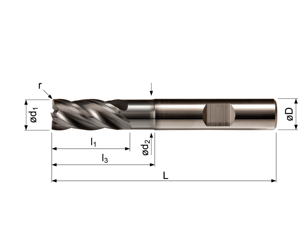 HPC S/C end mill, AlCrN-coated, with angle radius