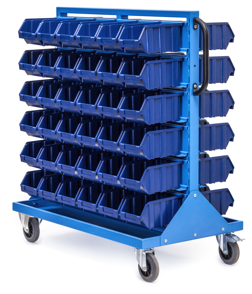 Double-sided rack with 72 stacking bins