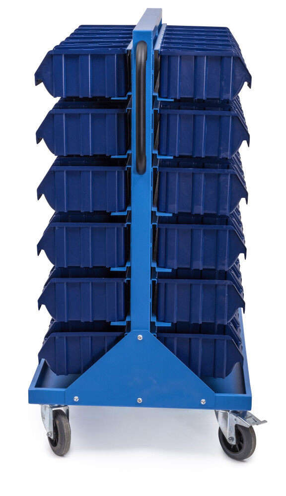 Double-sided rack with 72 stacking bins