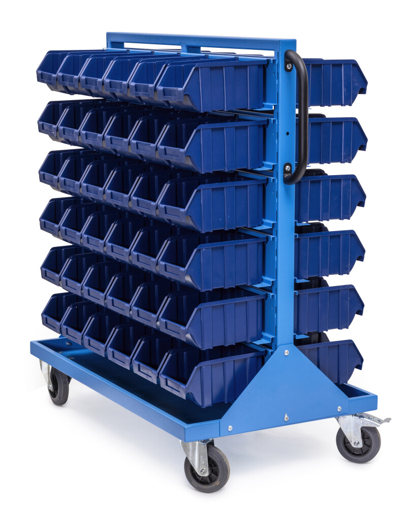 Double-sided rack with 72 stacking bins