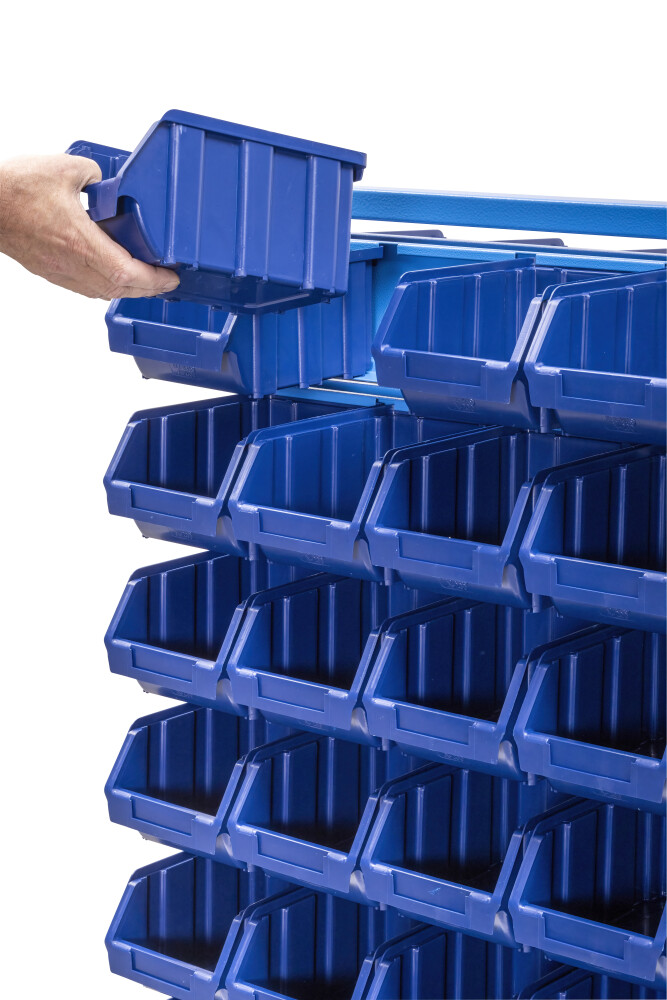 Double-sided rack with 72 stacking bins