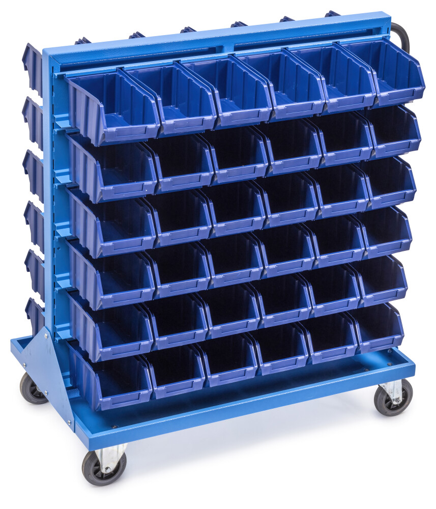 Double-sided rack with 72 stacking bins