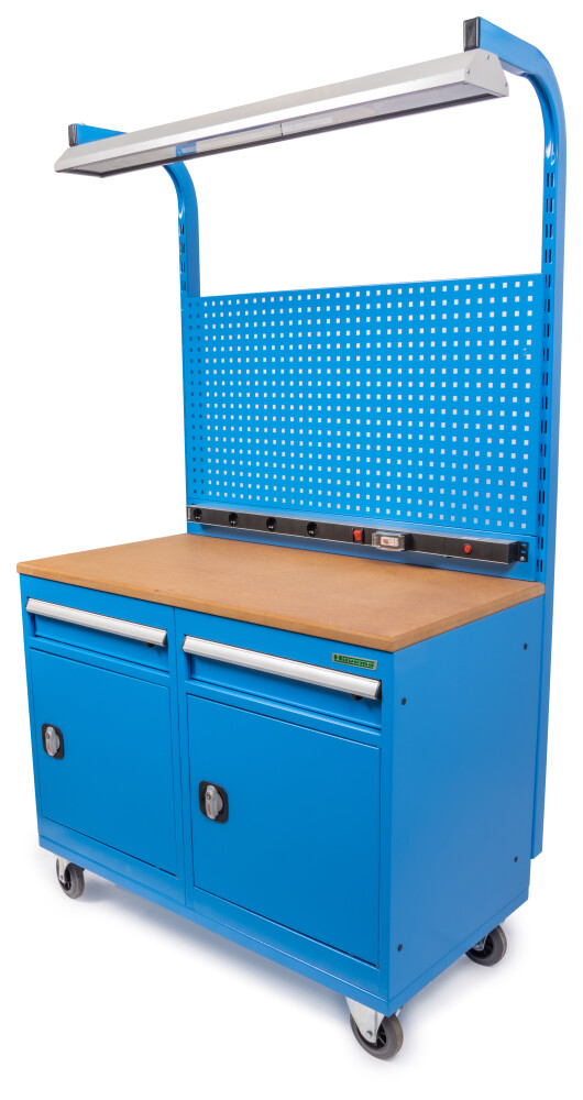 Mobile Werkbank mit Werkzeugwand mit 2,5 cm MDF-Arbeitsplatte
