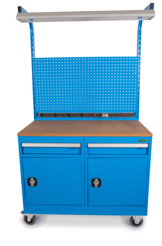 Mobile Werkbank mit Werkzeugwand mit 2,5 cm MDF-Arbeitsplatte