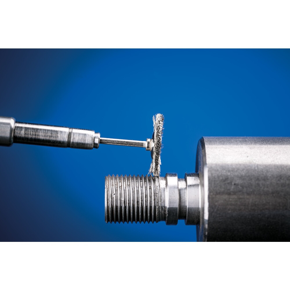 Shank mounted wheel brush, crimped
