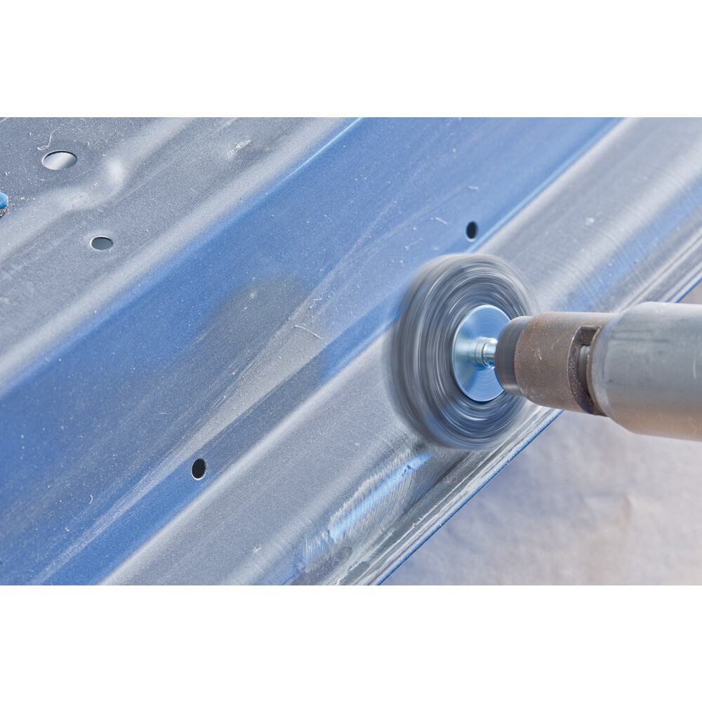 Shank mounted wheel brush, crimped