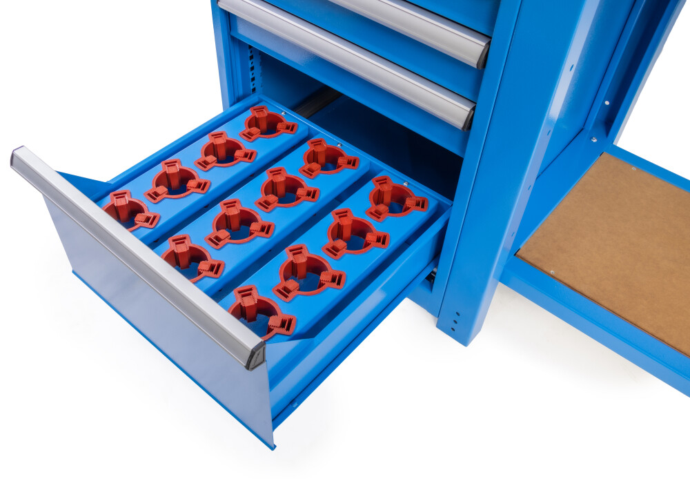 Werktafel met 12 CNC universele gereedschapshouders en 5 laden