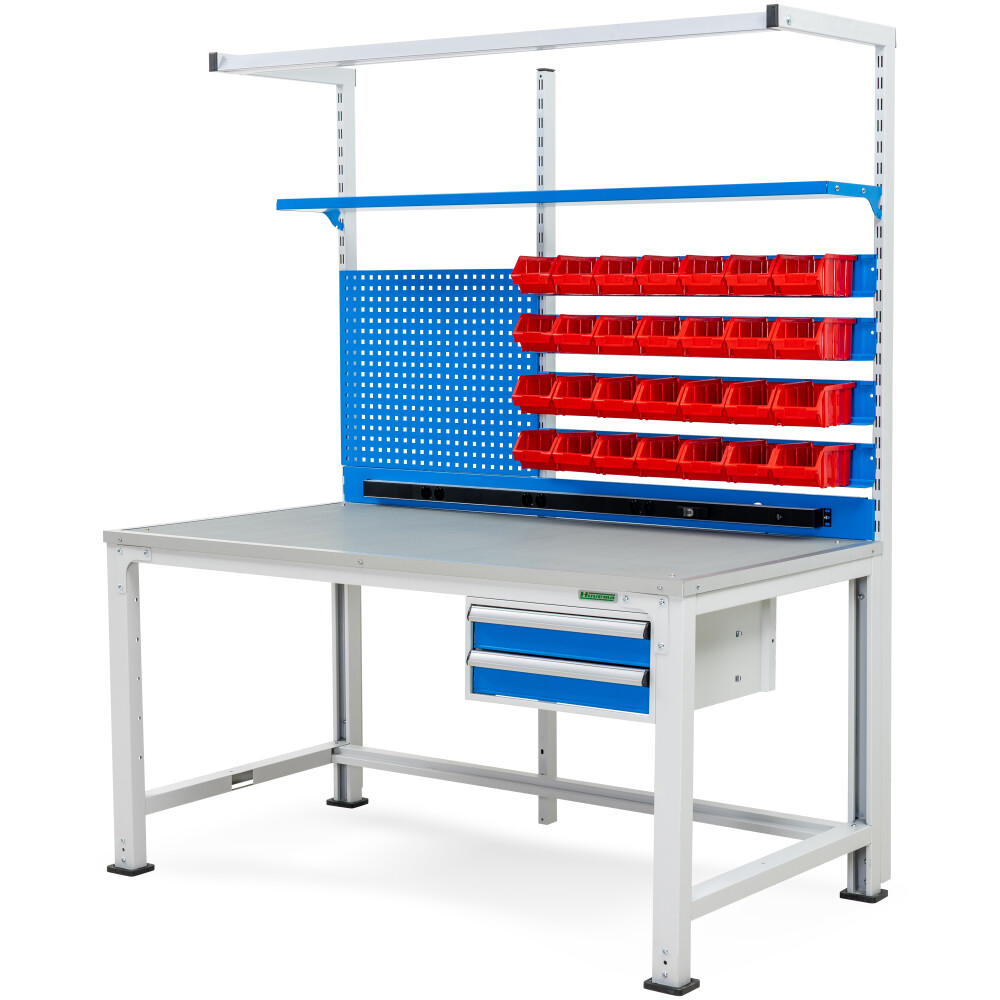 ESD-Werkbank mit 2 Schubladen, Tafel und 28 Behältern