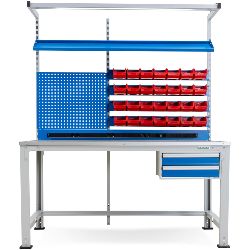 ESD-Werkbank mit 2 Schubladen, Tafel und 28 Behältern