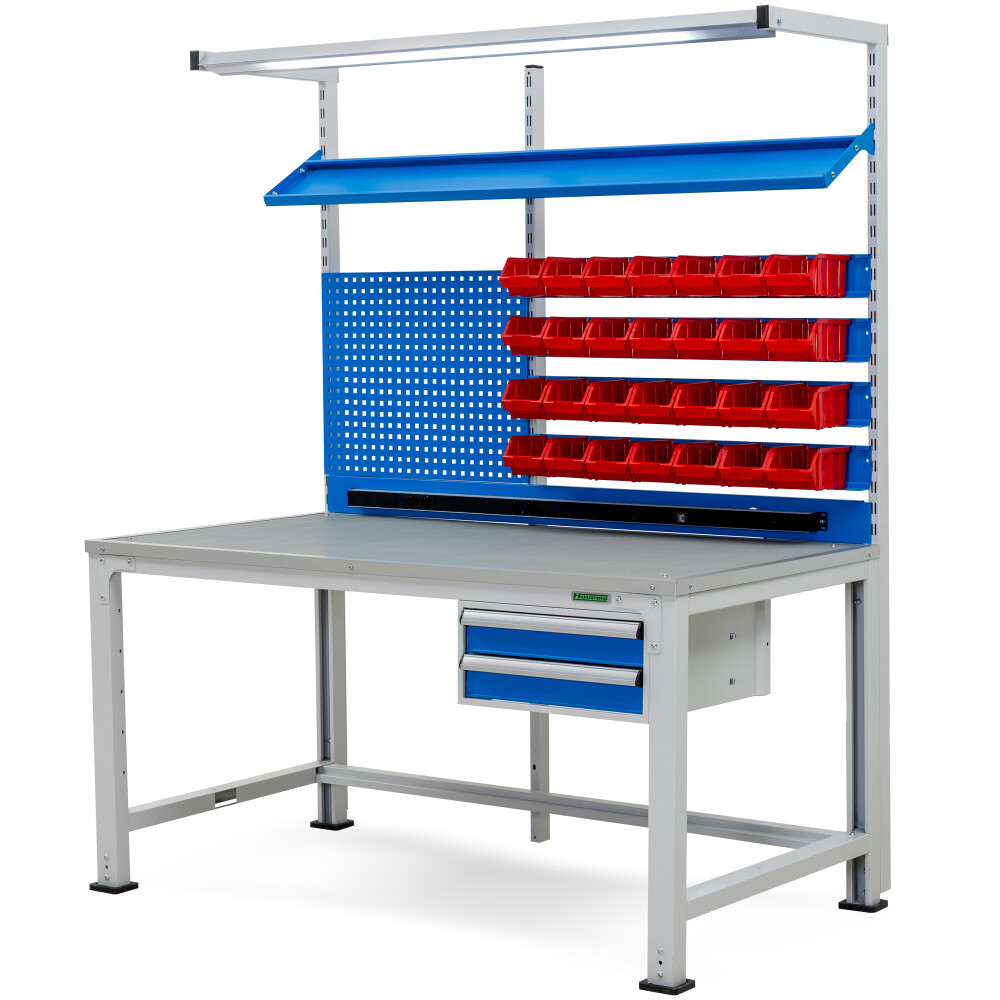 ESD-Werkbank mit 2 Schubladen, Tafel und 28 Behältern