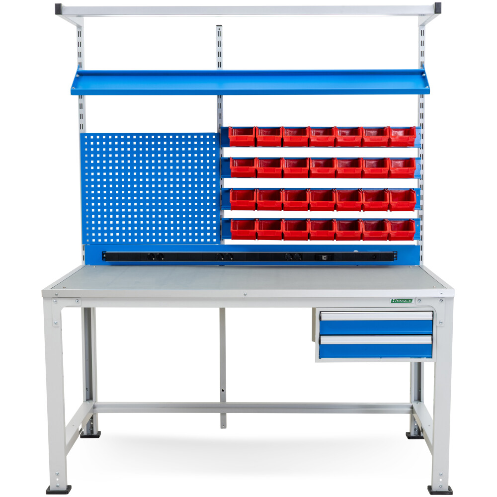 ESD-Werkbank mit 2 Schubladen, Tafel und 28 Behältern