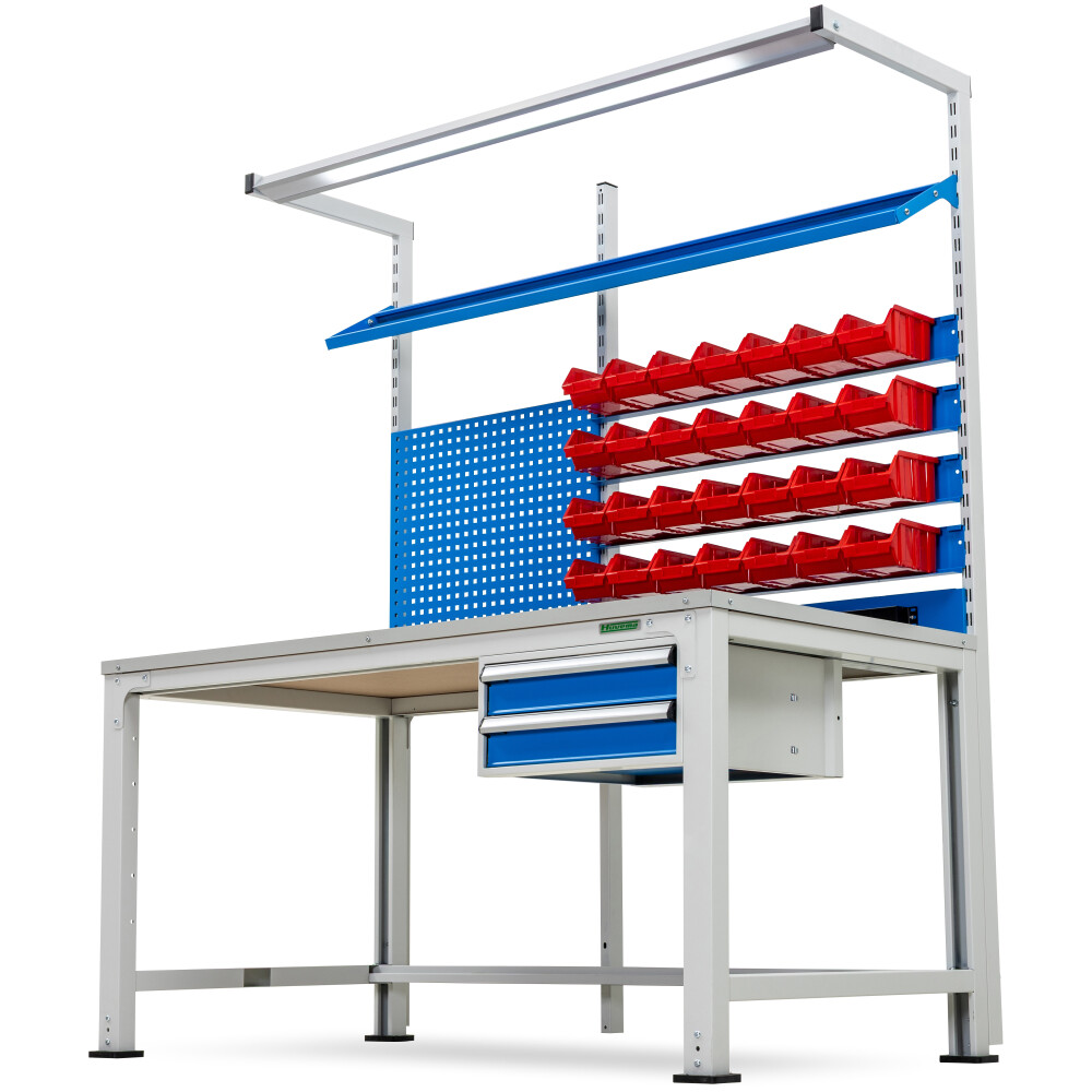 ESD-Werkbank mit 2 Schubladen, Tafel und 28 Behältern