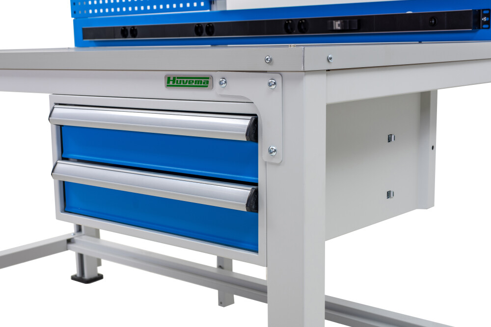 ESD-Werkbank mit 2 Schubladen, Tafel und 28 Behältern