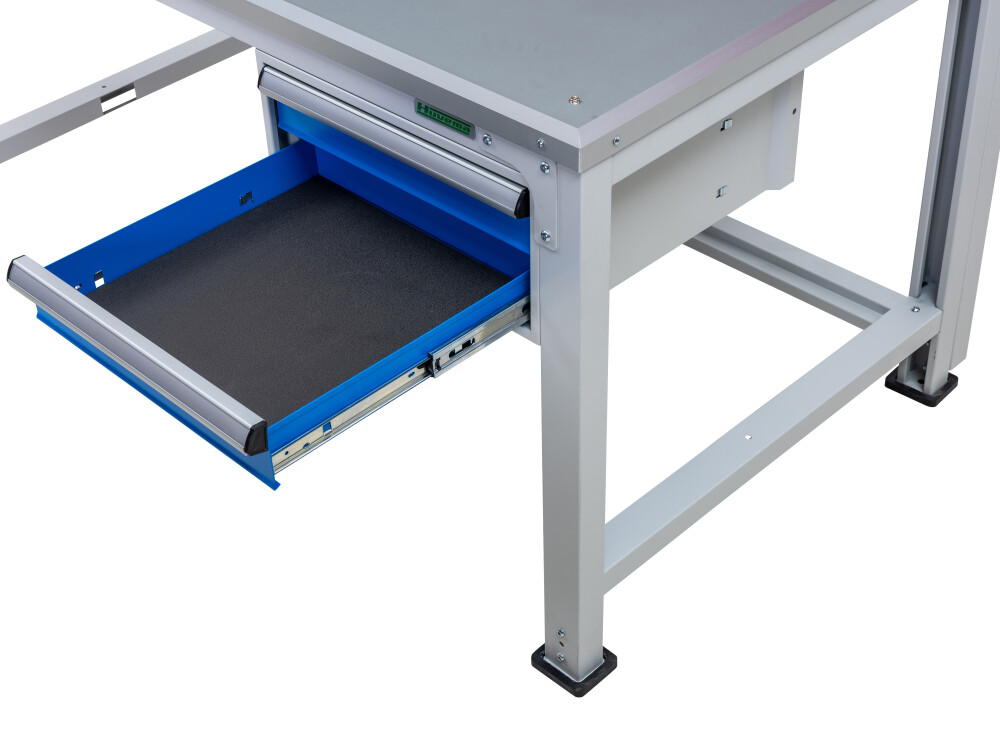 ESD-Werkbank mit 2 Schubladen, Tafel und 28 Behältern