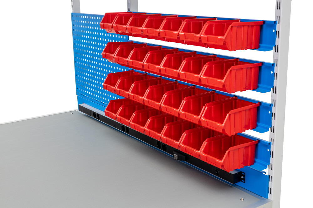 ESD-Werkbank mit 2 Schubladen, Tafel und 28 Behältern