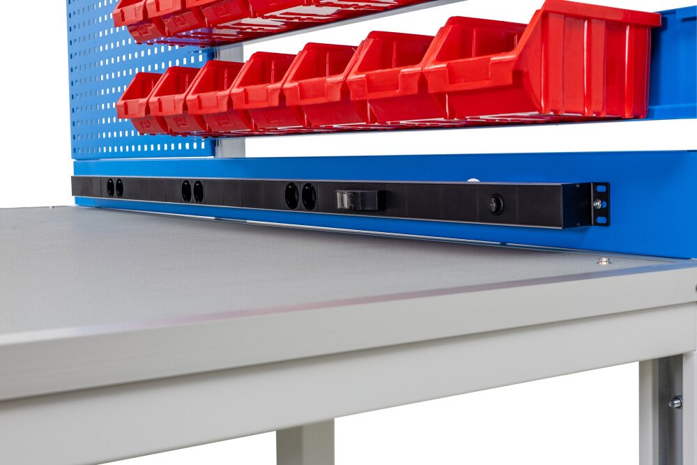 ESD-Werkbank mit 2 Schubladen, Tafel und 28 Behältern