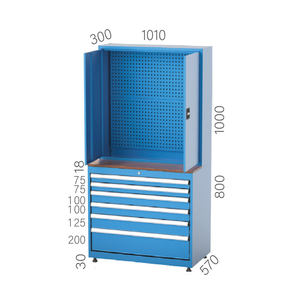 Armoire à matériel combinée 6 tiroirs et portes avec panneau à outils
