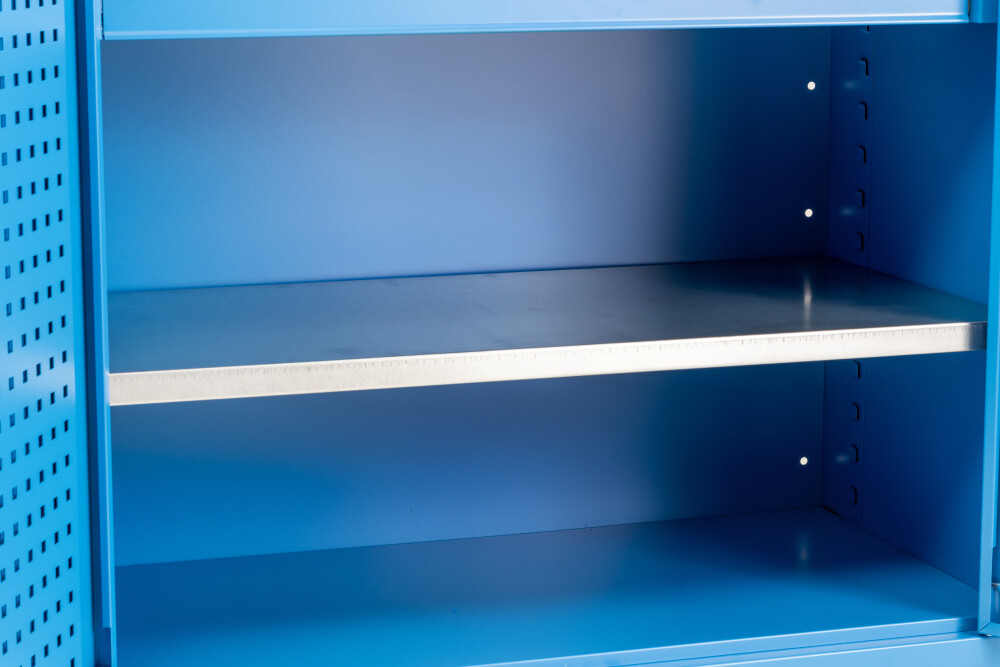Materialschrank mit 2 Regalen, 3 Schubladen, Werkzeugtafel, 21 Aufbewahrungsbehältern