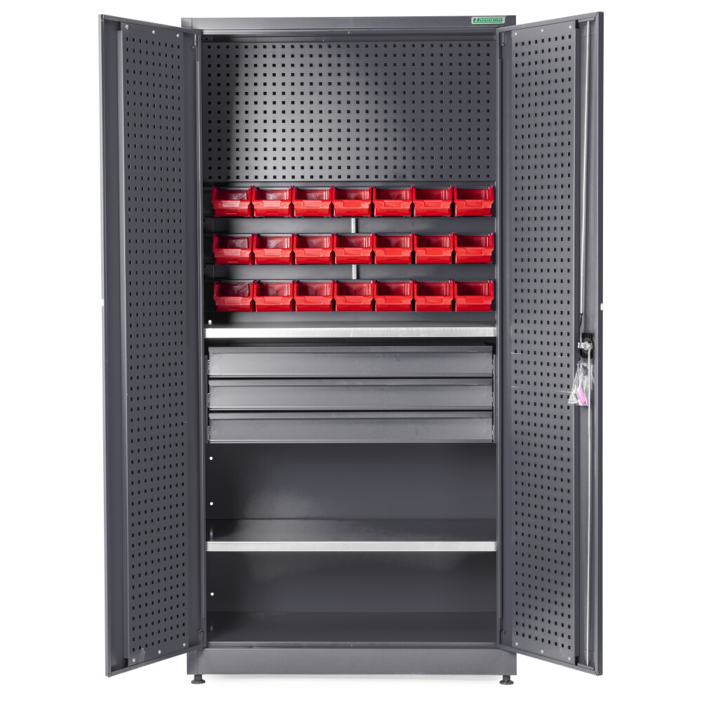 Materiaalkast met 2 planken, 3 lades, gereedschapsbord, 21 opbergbakken