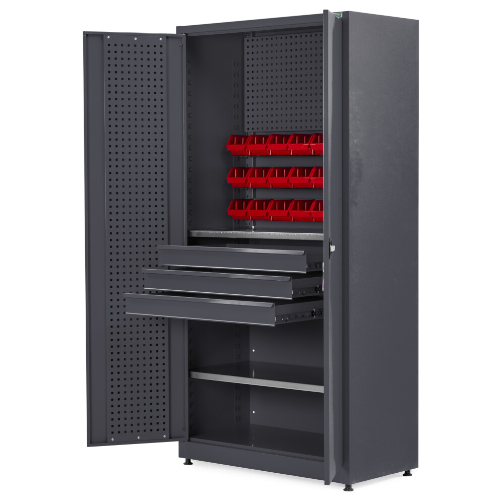 Materiaalkast met 2 planken, 3 lades, gereedschapsbord, 21 opbergbakken