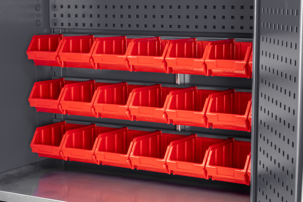 Materiaalkast met 2 planken, 3 lades, gereedschapsbord, 21 opbergbakken