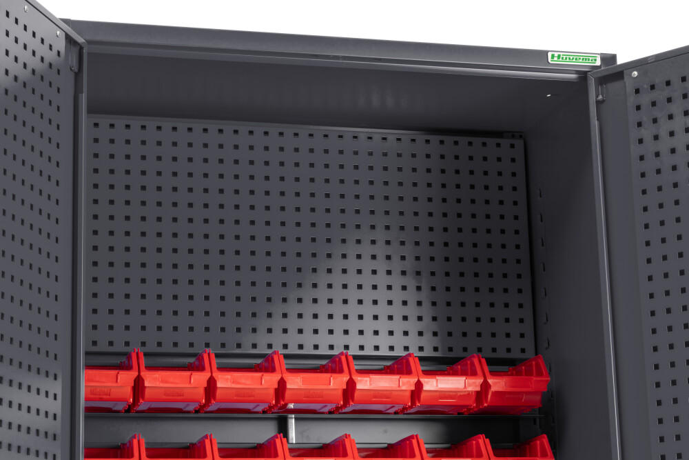 Materiaalkast met 2 planken, 3 lades, gereedschapsbord, 21 opbergbakken