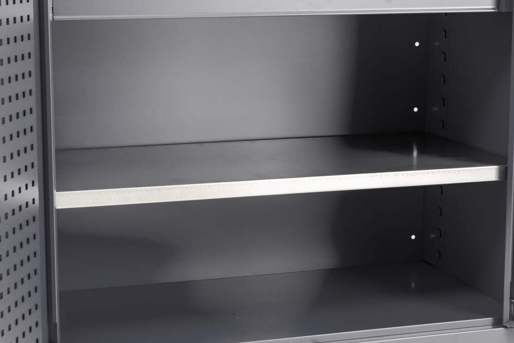 Materiaalkast met 2 planken, 3 lades, gereedschapsbord, 21 opbergbakken