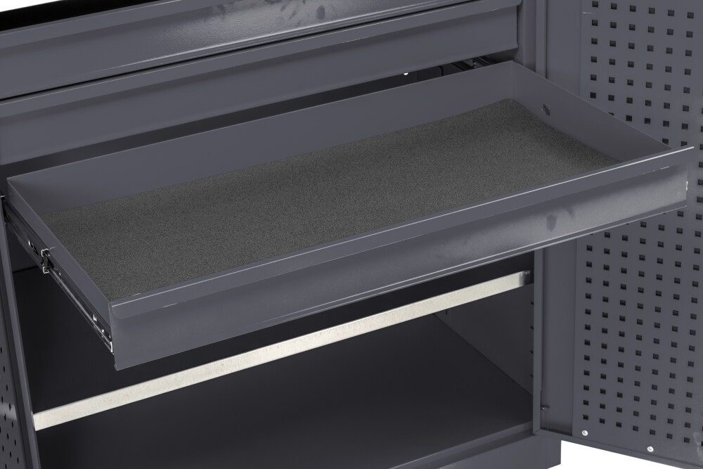 Materiaalkast met 2 planken, 3 lades, gereedschapsbord, 21 opbergbakken