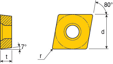 Positive 80° Rhombic inserts for finish to medium light     applications of steels & stainless steels with 7° clearance angle & excellent chip control
