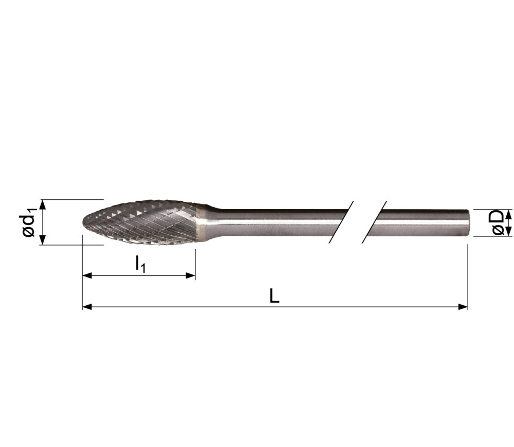 Carbide rotary burr, flame shape, with long shank