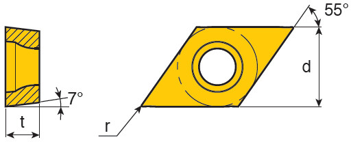 Positive 55° Rhombic inserts for finish to medium light     applications of steels & stainless steels with 7° clearance angle & excellent chip control