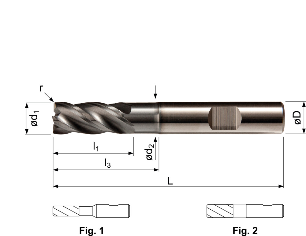 HPC S/C end mill, AlCrN-coated, with angle radius